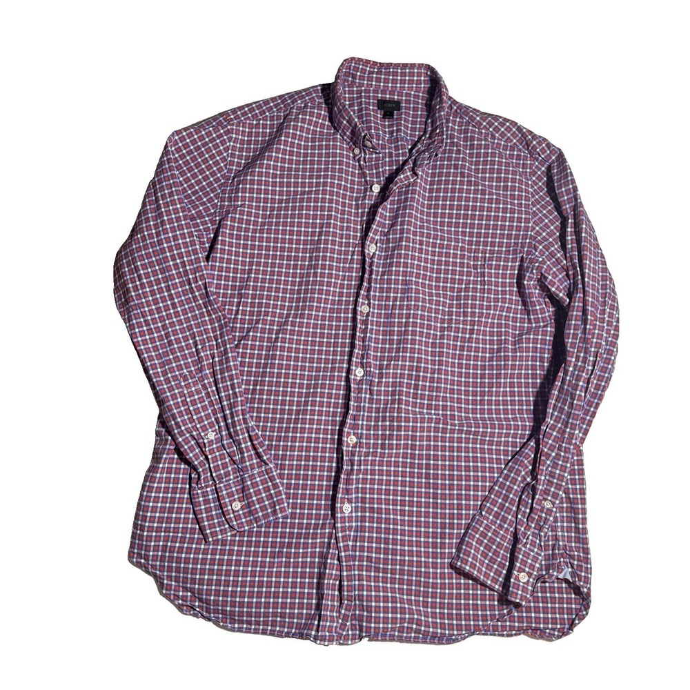 J Crew Mens XL Button Up Shirt Plaid Red White Blue 100% Cotton Long Sleeve